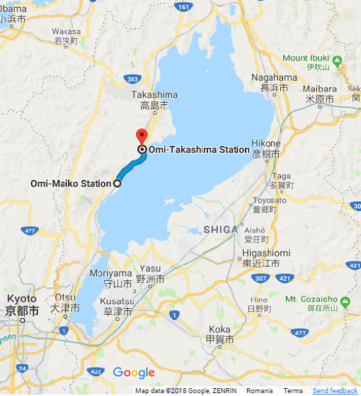 Map of Lake Biwa showing Omi-Maiko Station and Omi-Takashima Station